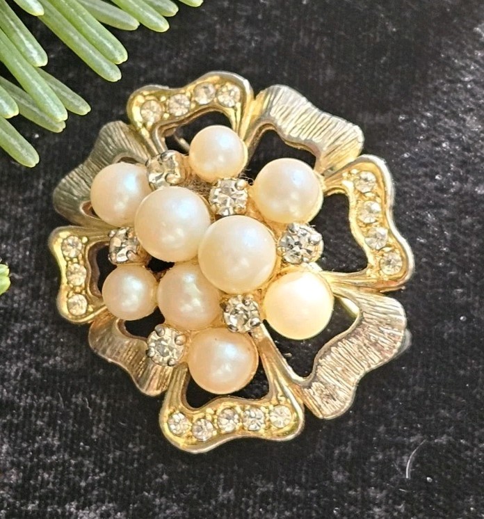 Vtg Brooch Kaufbeuren Otto Muller 59 Signed Gold Tone Faux Pearls Rhinestones