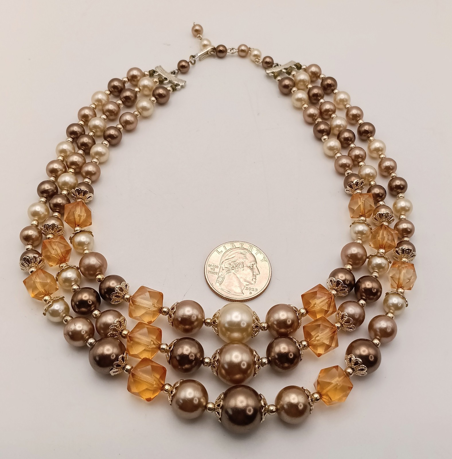 Vintage 3 Strand Faux Pearl Necklace Amber Glass Beads Japan Signed Mid Century