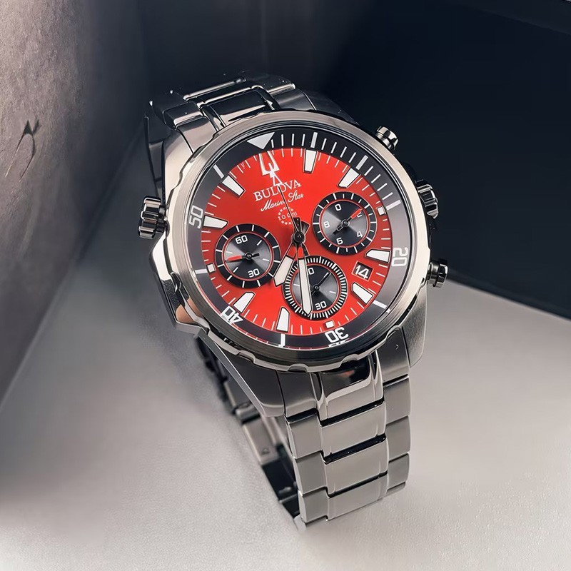 Bulova 98B350 Marine Star Men’s Chronograph Quartz Watch Red Dial Stainless 43mm