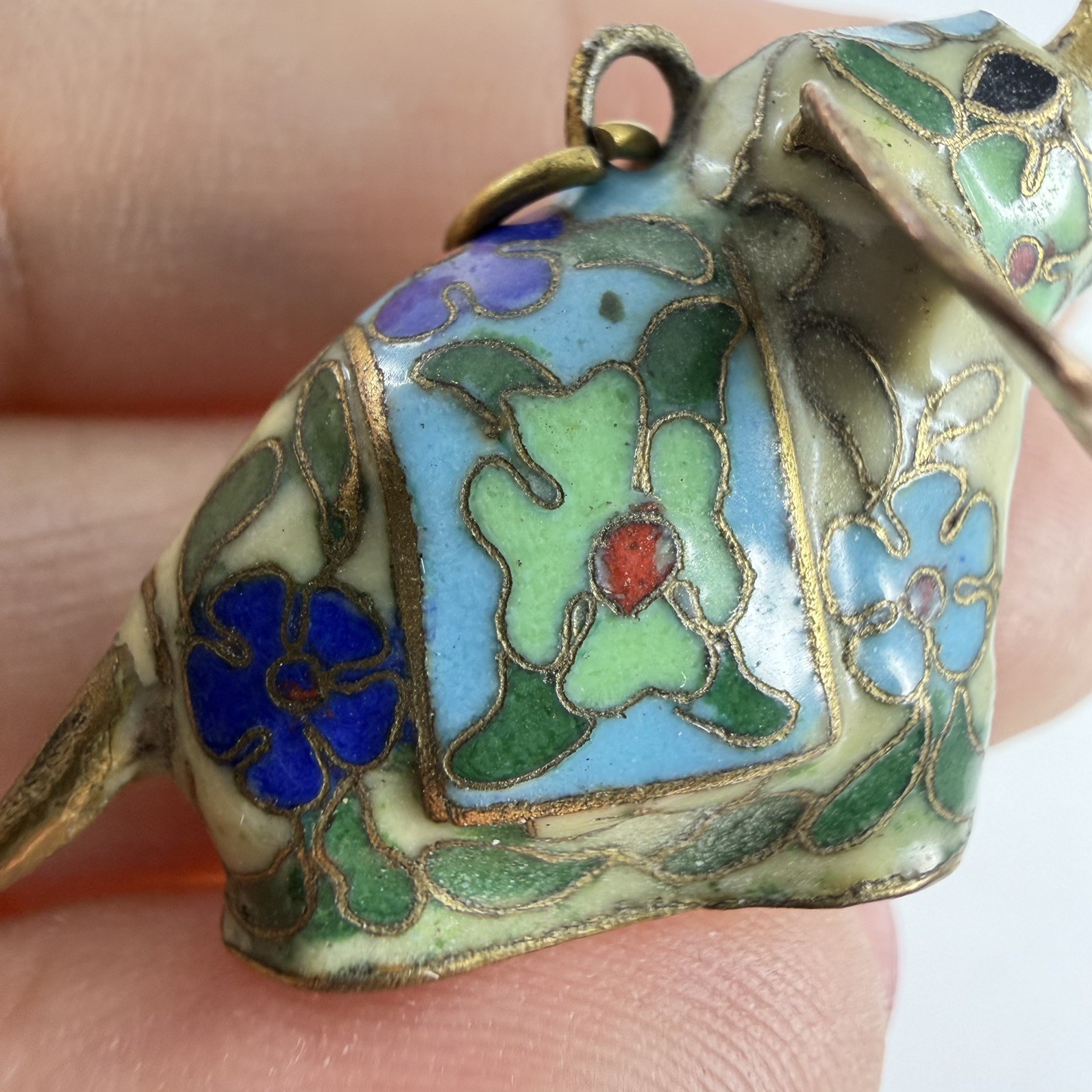 Cloisonné Enamel Elephant Pendant Charm Blue Up Trunk Vintage Chinese Export