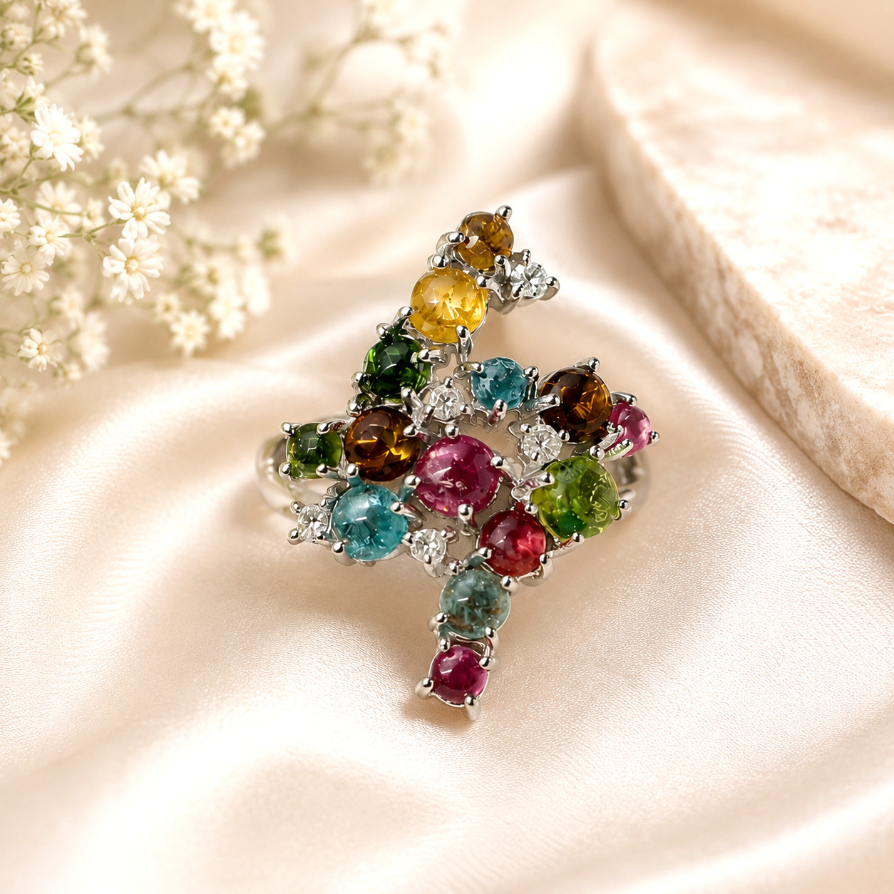 Multi-Gemstone Tourmaline Cluster Ring (6) Multicolor Oblong Colorful Style NEW!