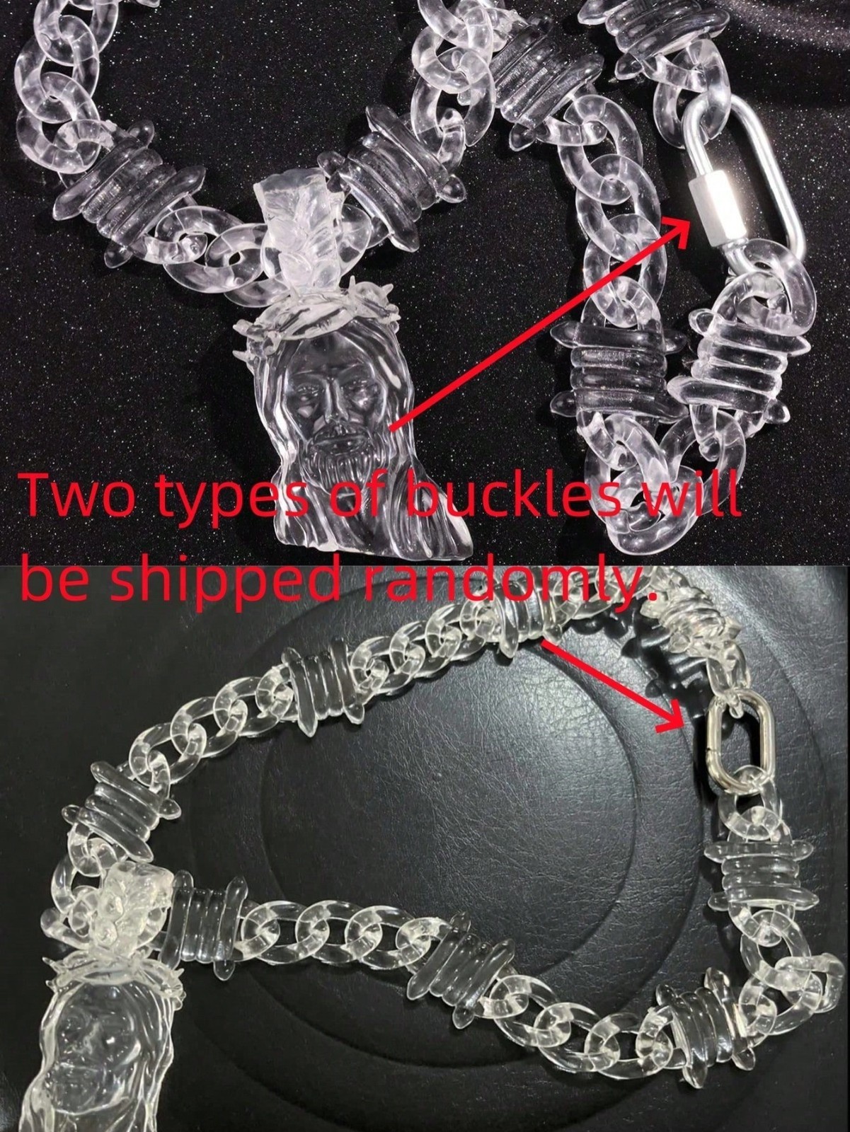 Jesus Portrait Pendant Necklace & 24″ Transparent Acrylic Thorns Chain Necklace