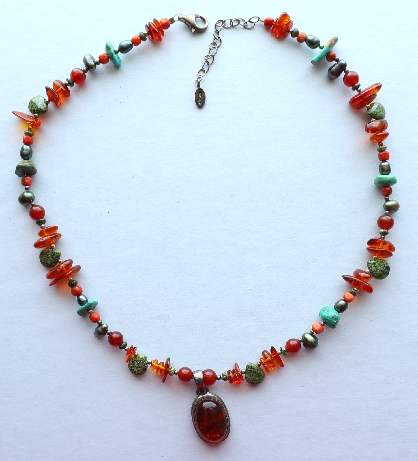 BARSE Necklace Amber Beads Sterling Pendant Turquoise 925 Silver Beaded THAI 20″