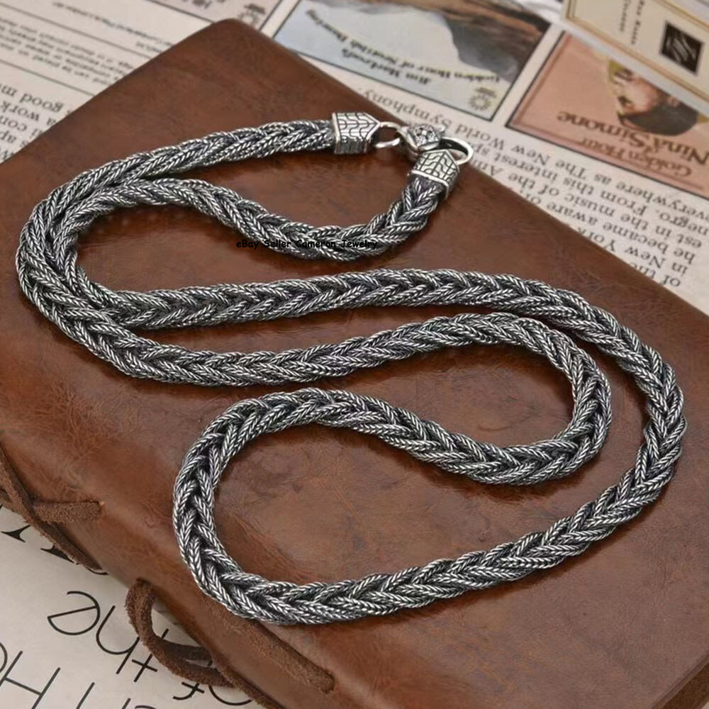 Pure S925 Sterling Silver Chain 6mm Braided Foxtial Link Necklace34-35g 23.6inch