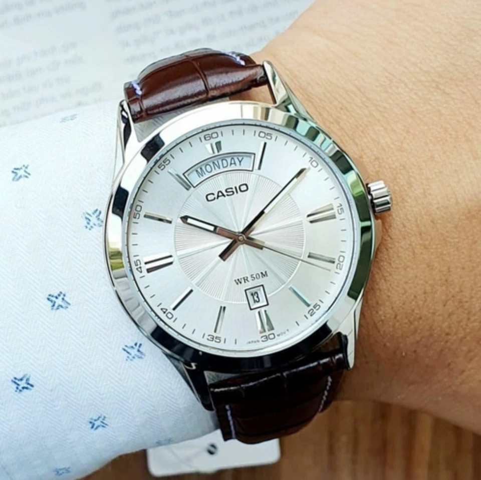Casio MTP-1381L-7A Analog Leather Strap Quartz Men Watch Dress Classic Silver