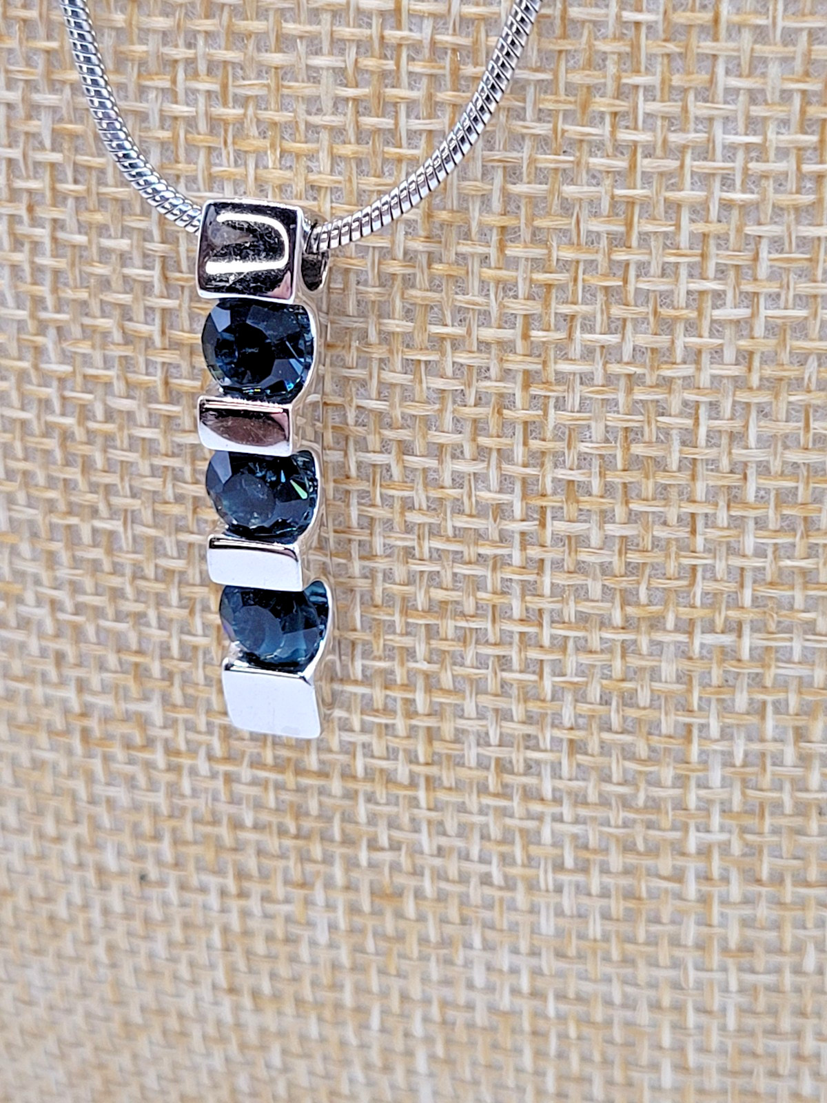 3 Bar Necklace Faux Sapphire Blue Silvertone Setting 16″ to 18″ Y2K