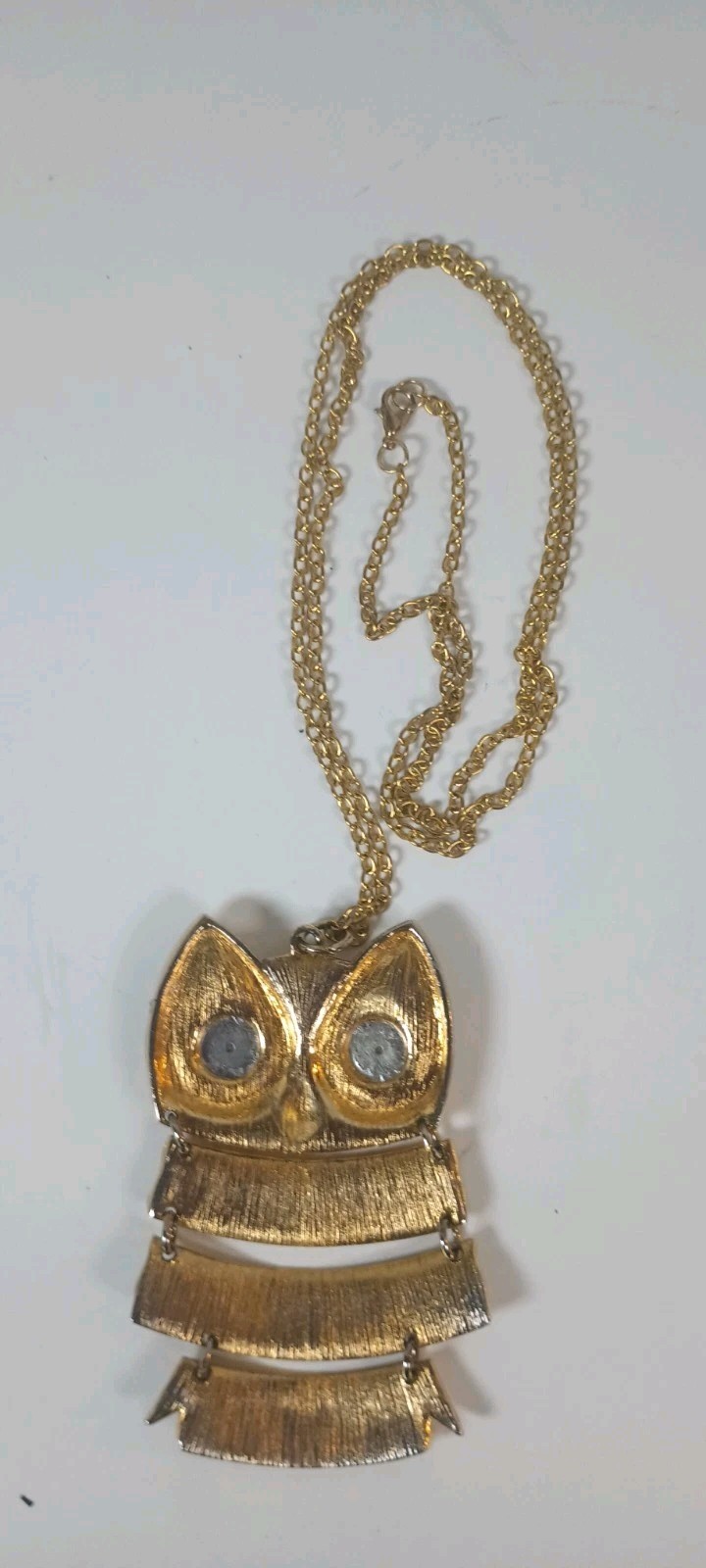 Vintage Articulated Gold Tone Owl Pendant Necklace With Pink Floral Eyes