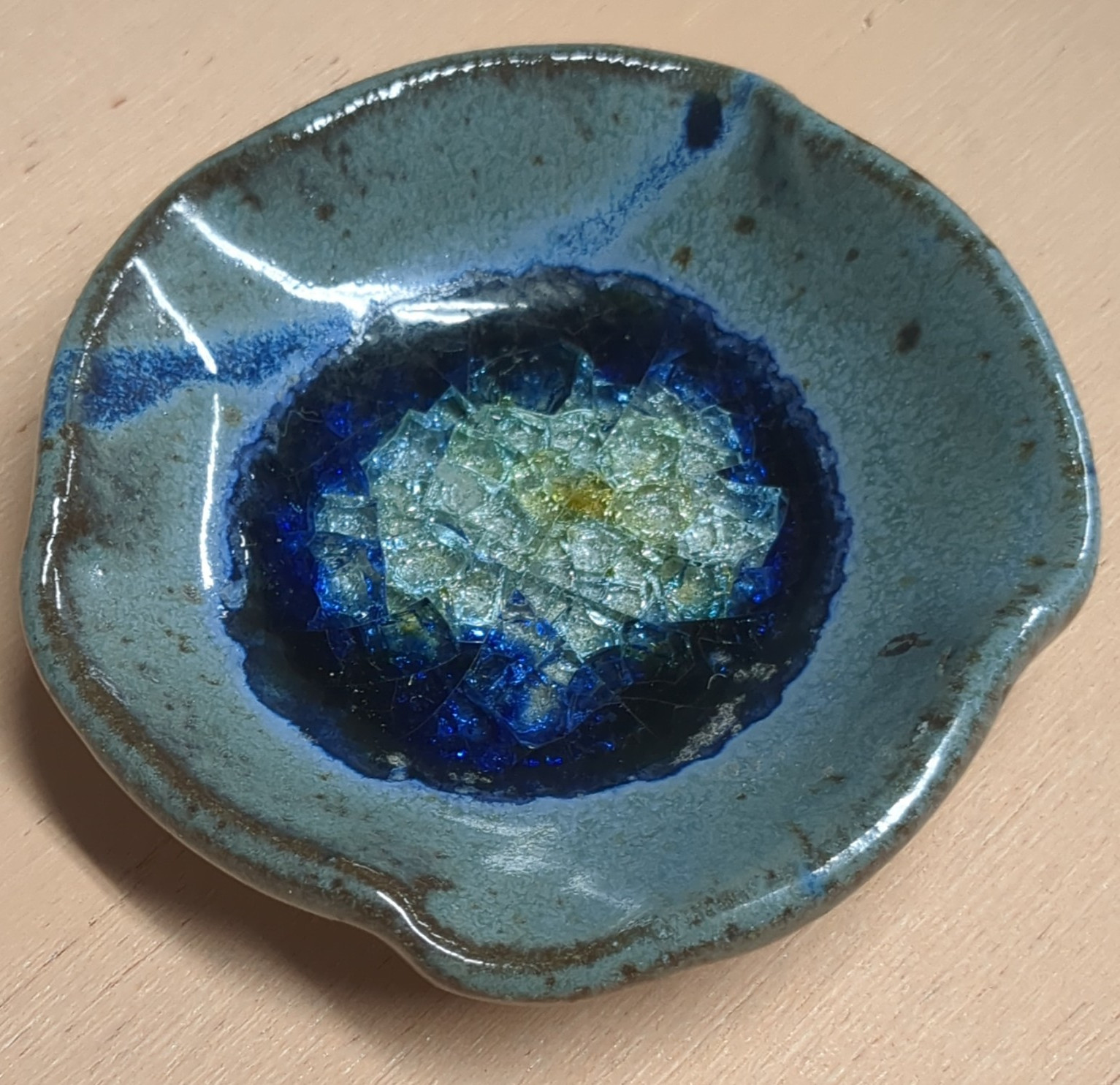 Handmade Ceramic Round Ring Jewelry Dish, Blue & Gray, Holds 3 Pieces