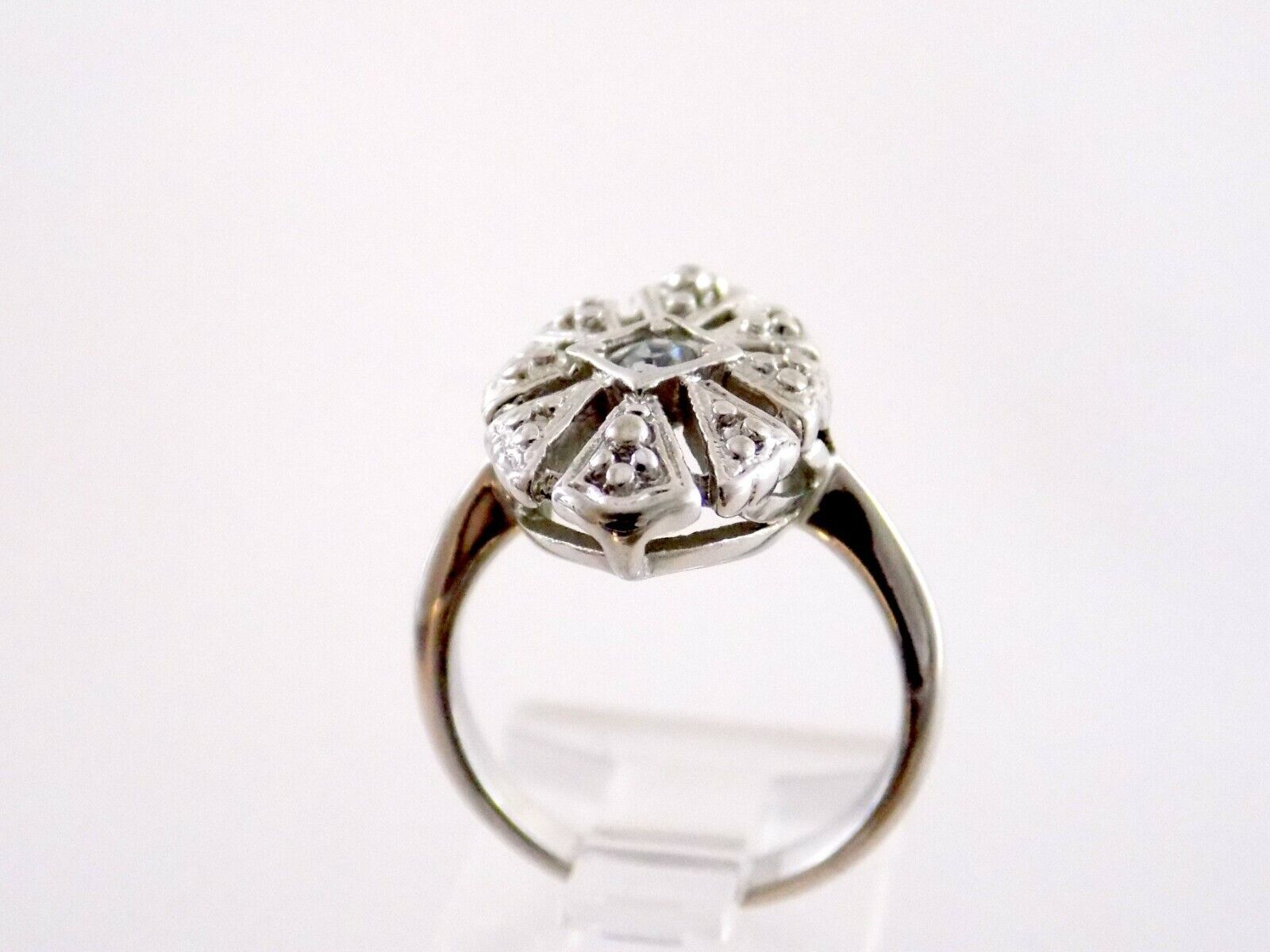 AVON Silvertone Metal and White Cubic Zirconia Ring Size 6 Round CZ Gems 3.8g