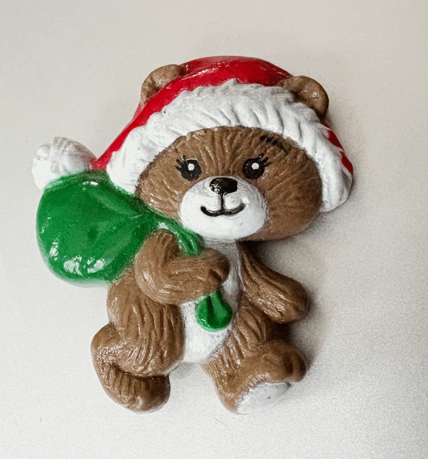 Signed Russ Christmas Holiday Teddy-Bear Brooch Pin: w/ Santa Hat And Toy Sack