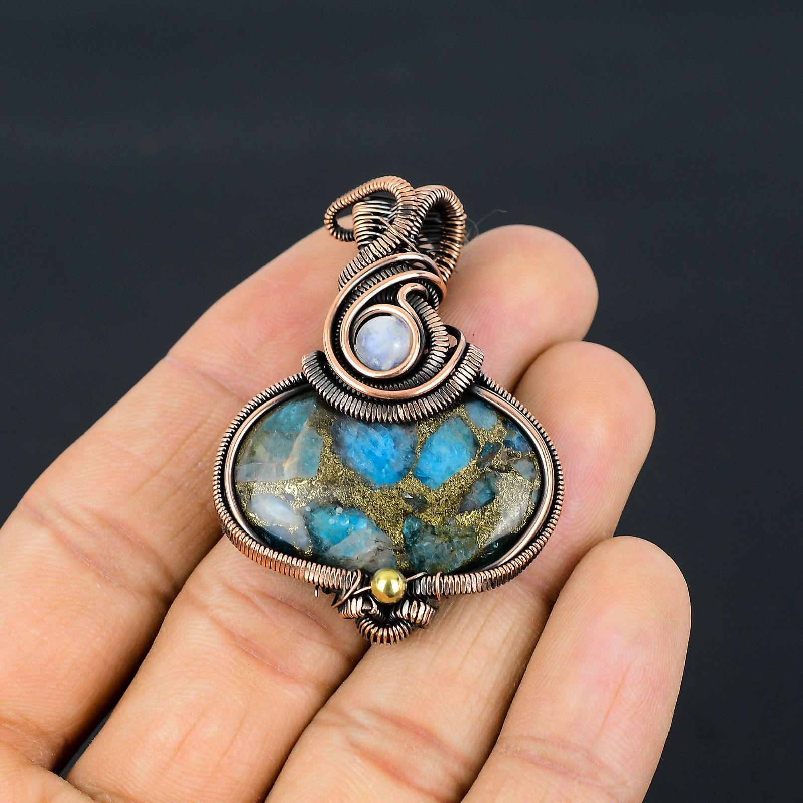 Copper Neon Apatite Handmade Gemstones Copper Wire Wrapped Moonstone Pendant