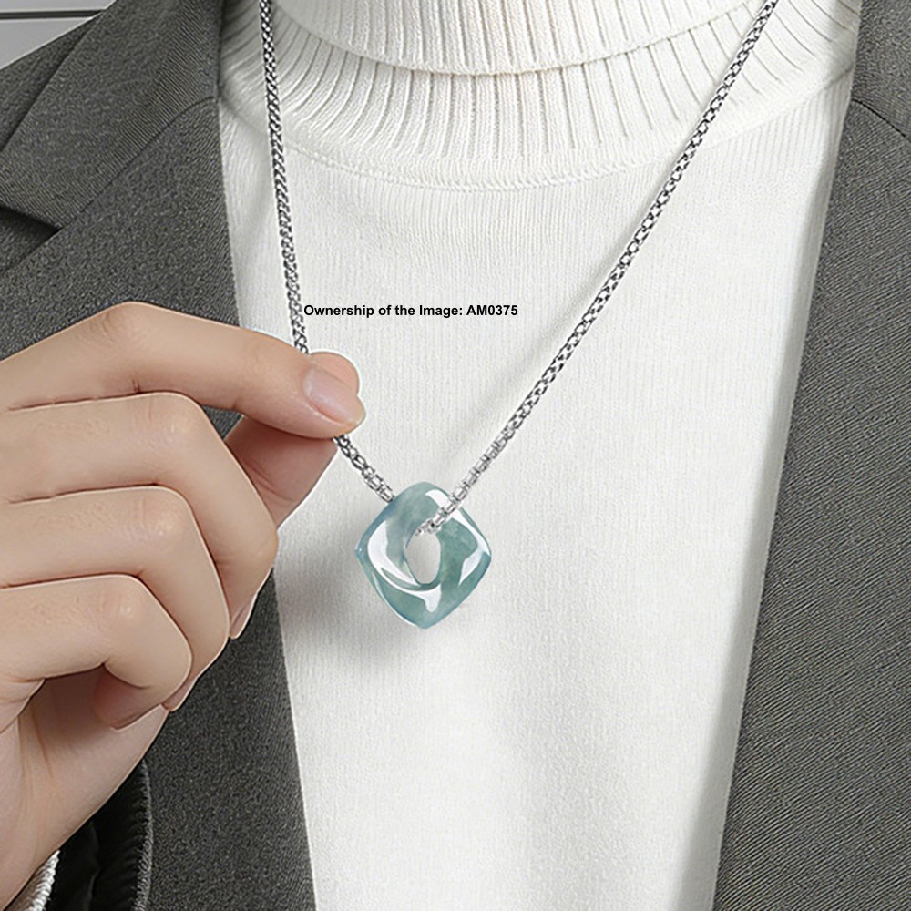 Natural Grade A Blue Jade Jadeite Square Mobius Strip Pendant Infinite Loop