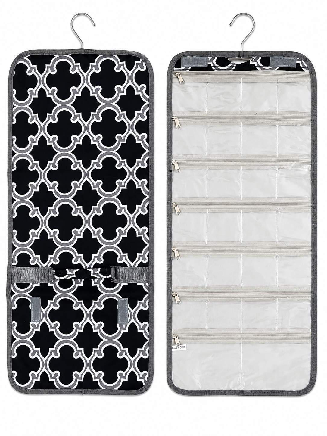 Black Gray Quatrefoil Jewelry Travel Organizer Hanging Roll Bag 26 Pocket Store