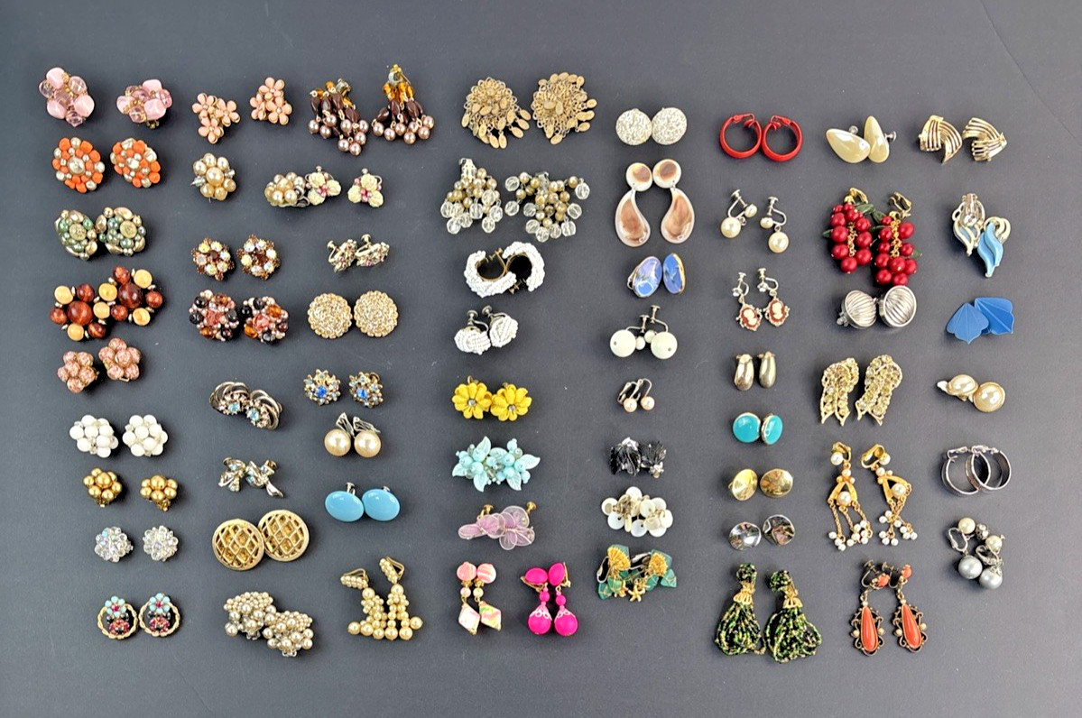 Lot of 62 Clip-on Screw Back Earrings Vintage 1940’s-1970’s Mixed Metals Cluster