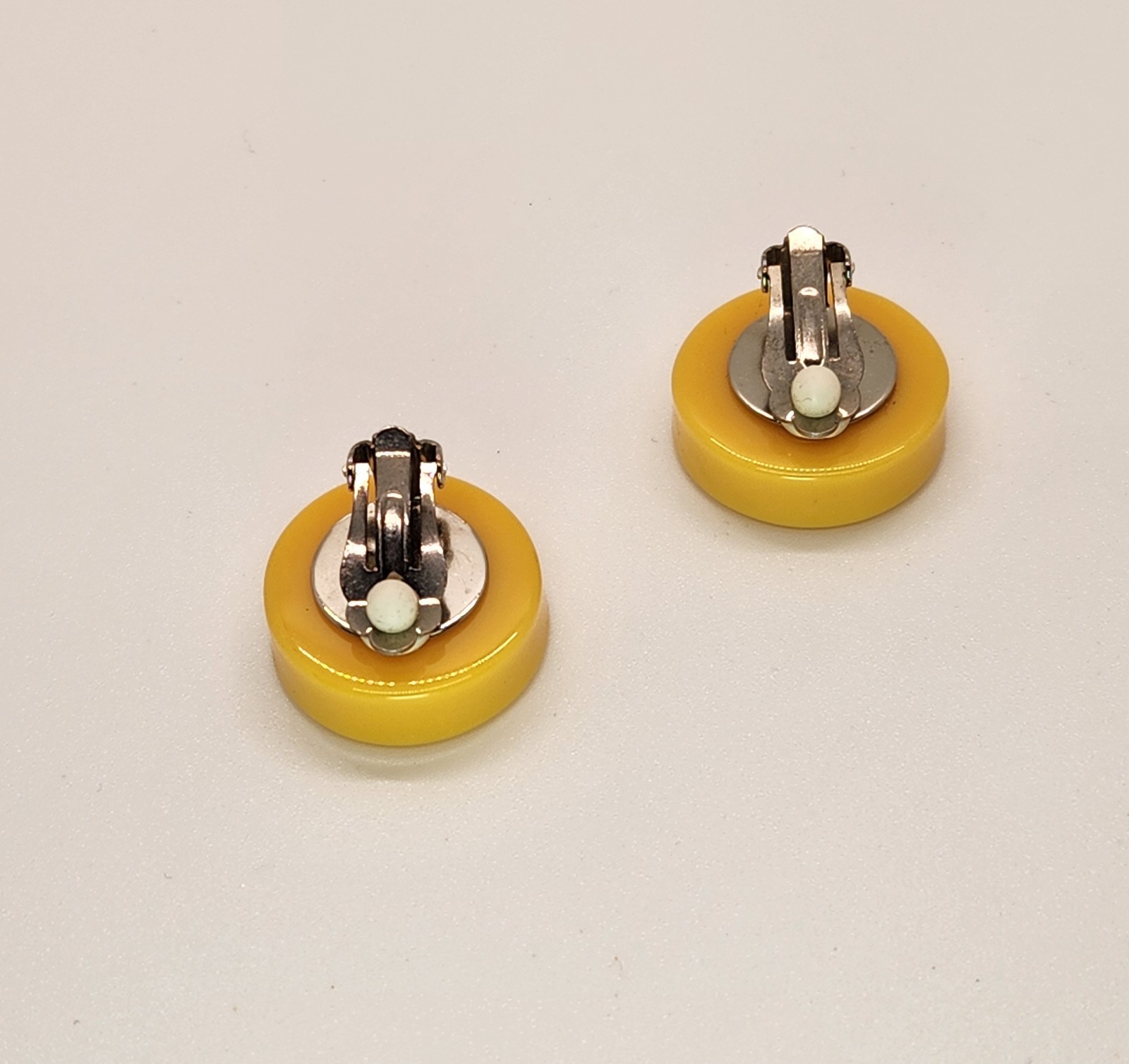 Vintage Bakelite Button Clip On Earrings In Mustard Yellow Color