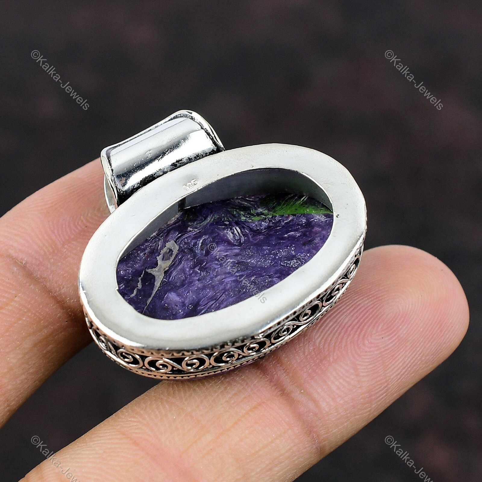 Natural Russian Charoite Gemstone Pendant Vintage Purple 925 Sterling Silver