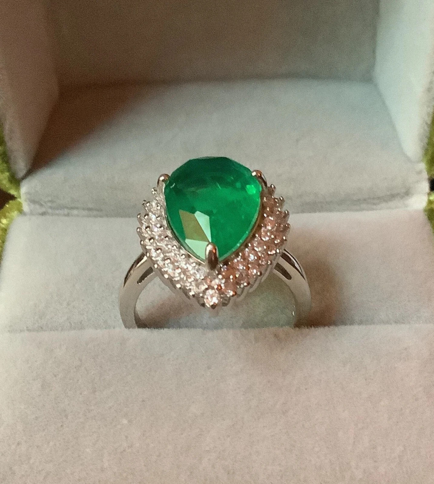 4.70 Ct Pear Cut Natural Emerald & Diamond Ring 14K Solid White Gold Size 7