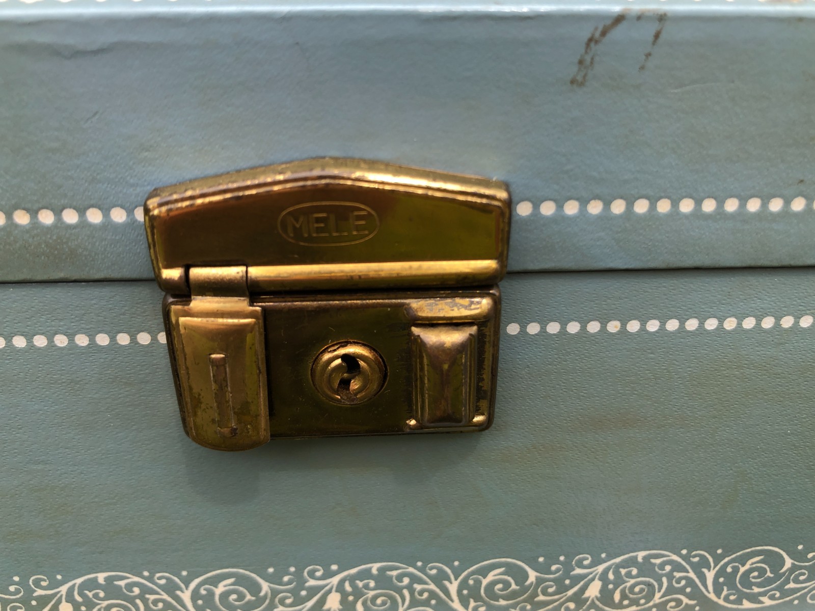 MELE Vintage Jewelry Box Blue with White Filigree Design Along Edges