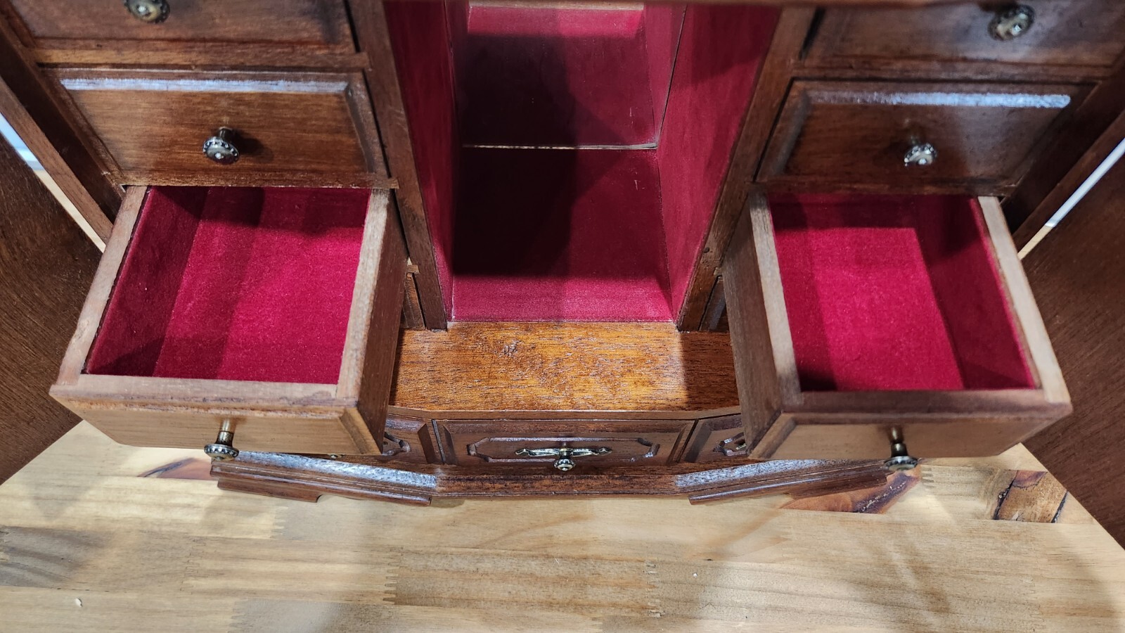 Wood Jewelry Box Table Top Velvet Lined Drawers 13″ X 14″ Vintage Taiwan