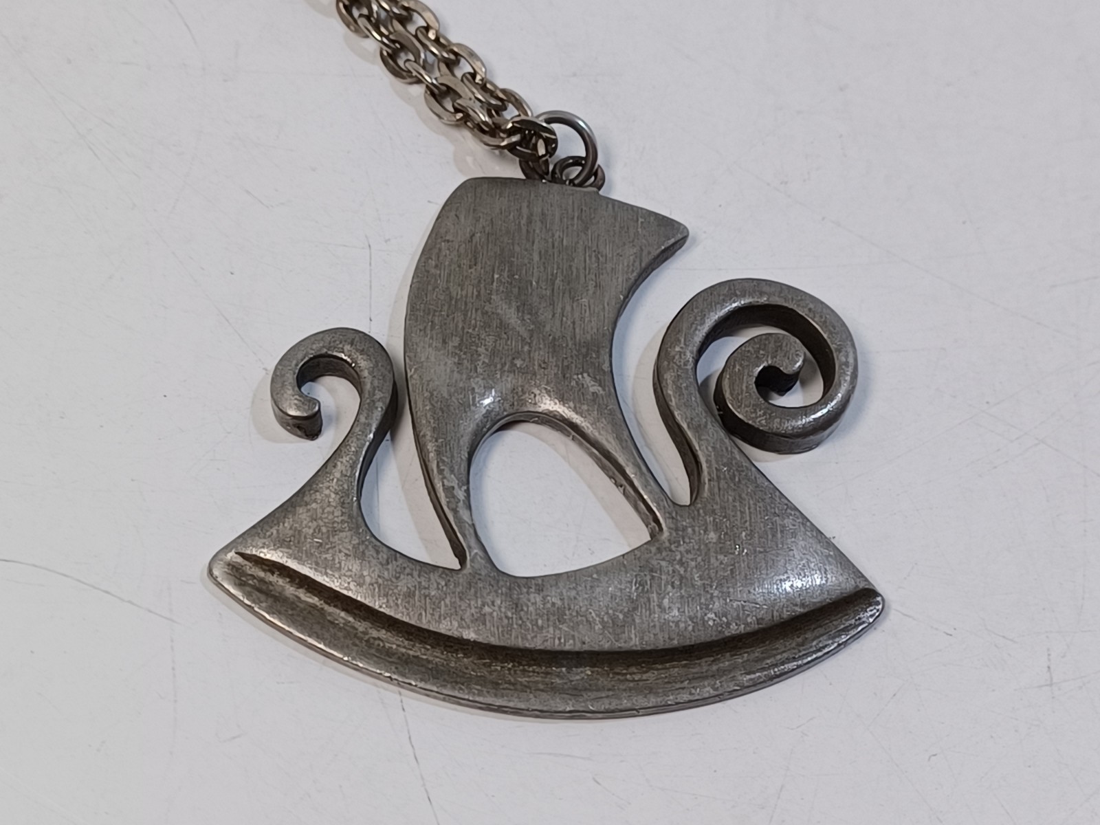Vintage Pewter R. Tennesmed Sweden Viking Ship Pendent Necklace 26″ Chain