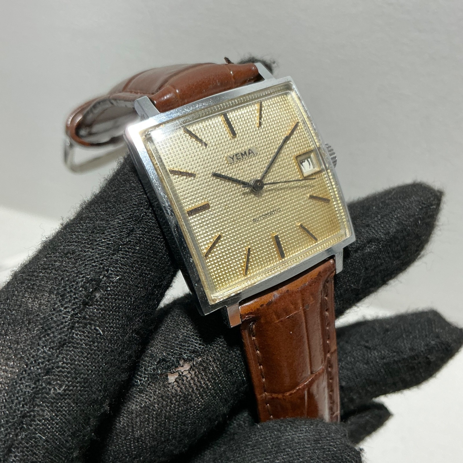 Vintage Yema Automatic Arabic Date Textured Dial Square 29mm Swiss
