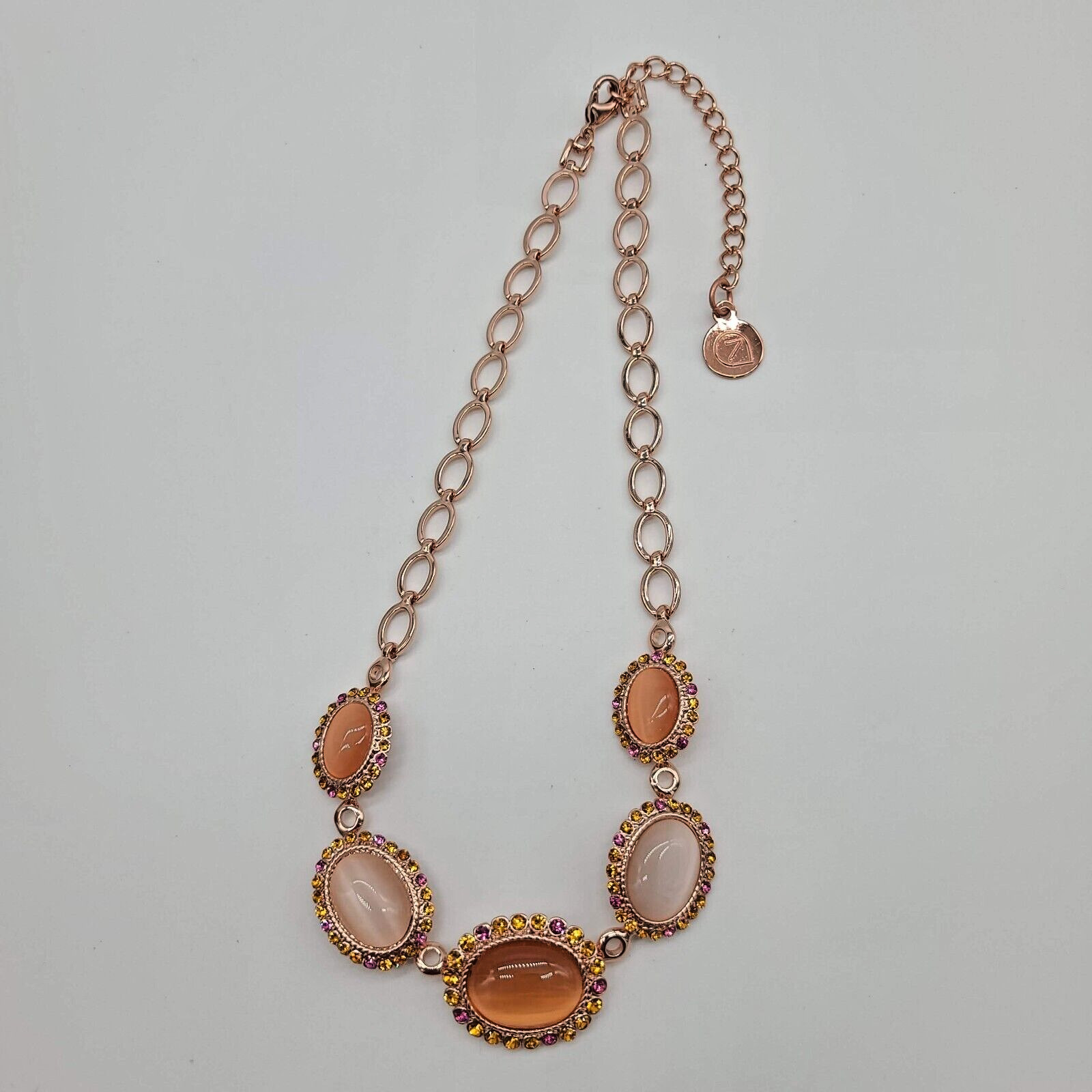 7 Charming Sisters Pink, Orange & White Moonstone, Crystal & Rose Gold Necklace