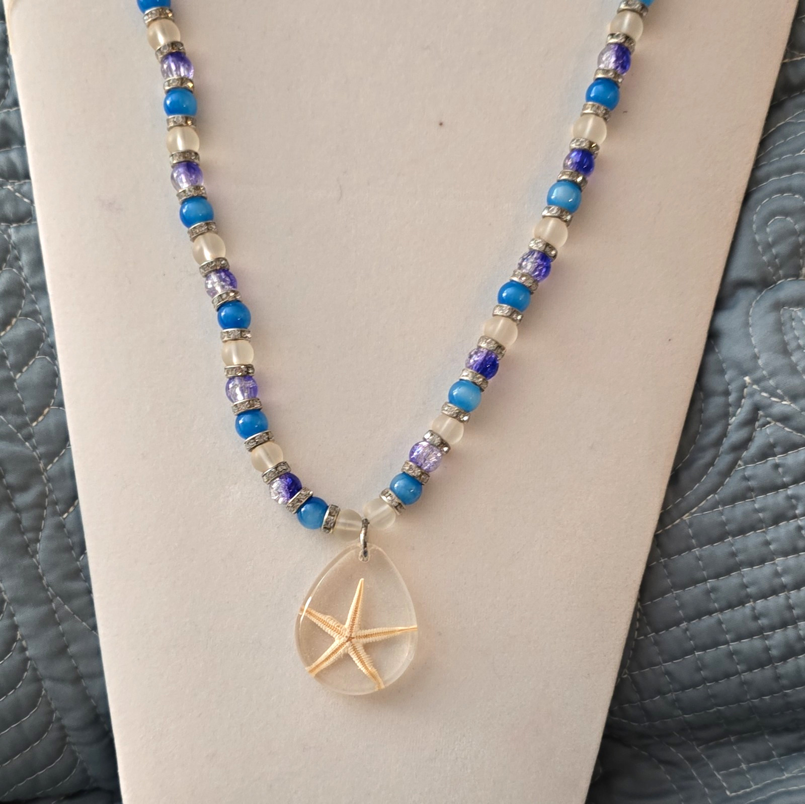 Handcrafted Resin Starfish Pendant Necklace, Glass Beads, Blue Purple White
