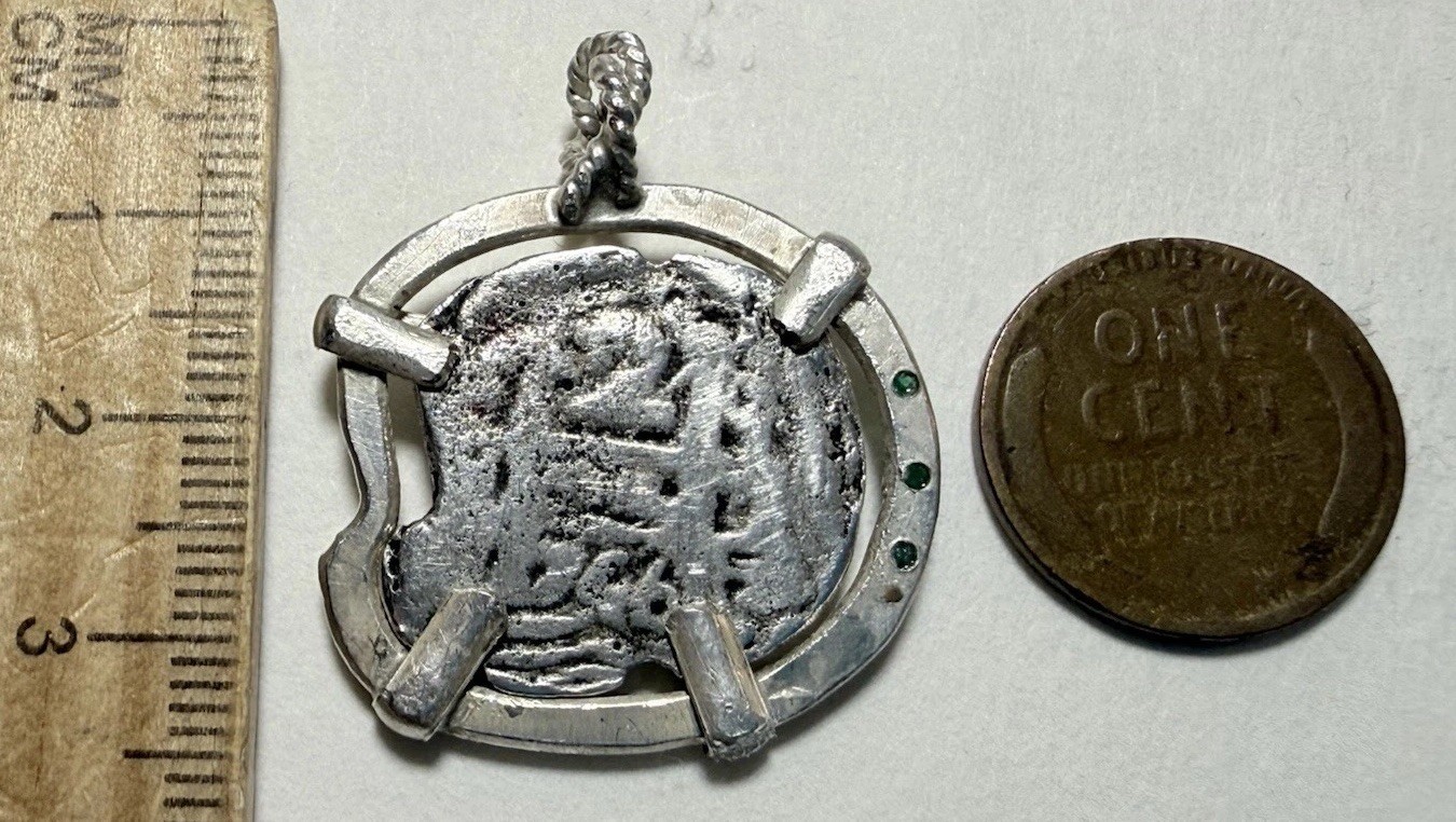 Authentic Spanish-Colonial 2-Reales Silver Shipwreck Cob Coin in Emerald Bezel