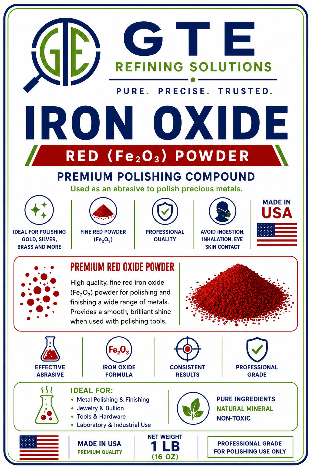 Red Iron Oxide Powder (Fe2O3) Metal Polishing Compound Gold Silver Brass 1lb