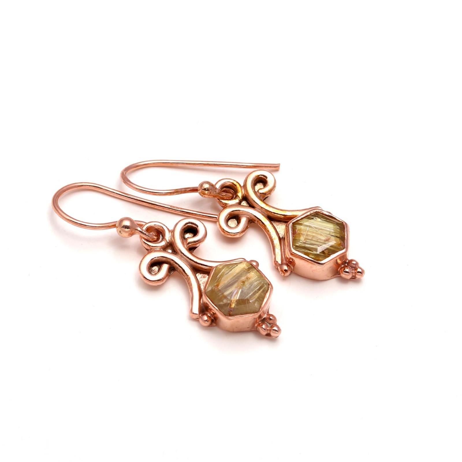 Natural Golden Rutile Hexagon Dangle Earring Rose Gold Fill Solid Silver Jewelry