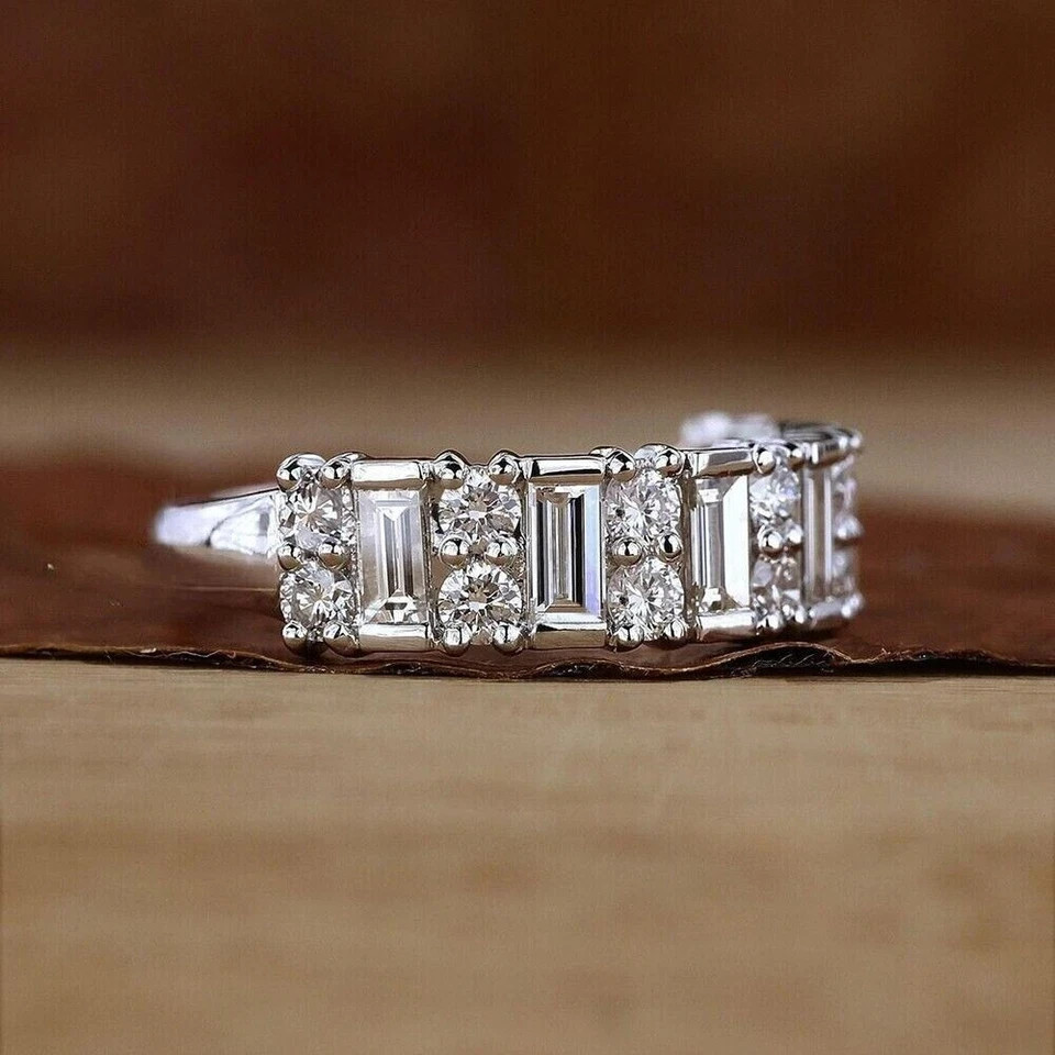 1.50Ct Round & Baguette Cut Lab Grown Diamond Half Eternity Band 14K White Gold