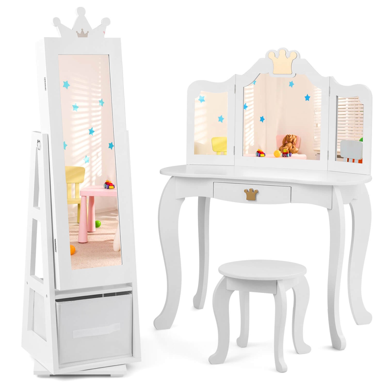 Kids Vanity Set Princess Makeup Dressing Table and Chair Set w/ Jewelry Armoire