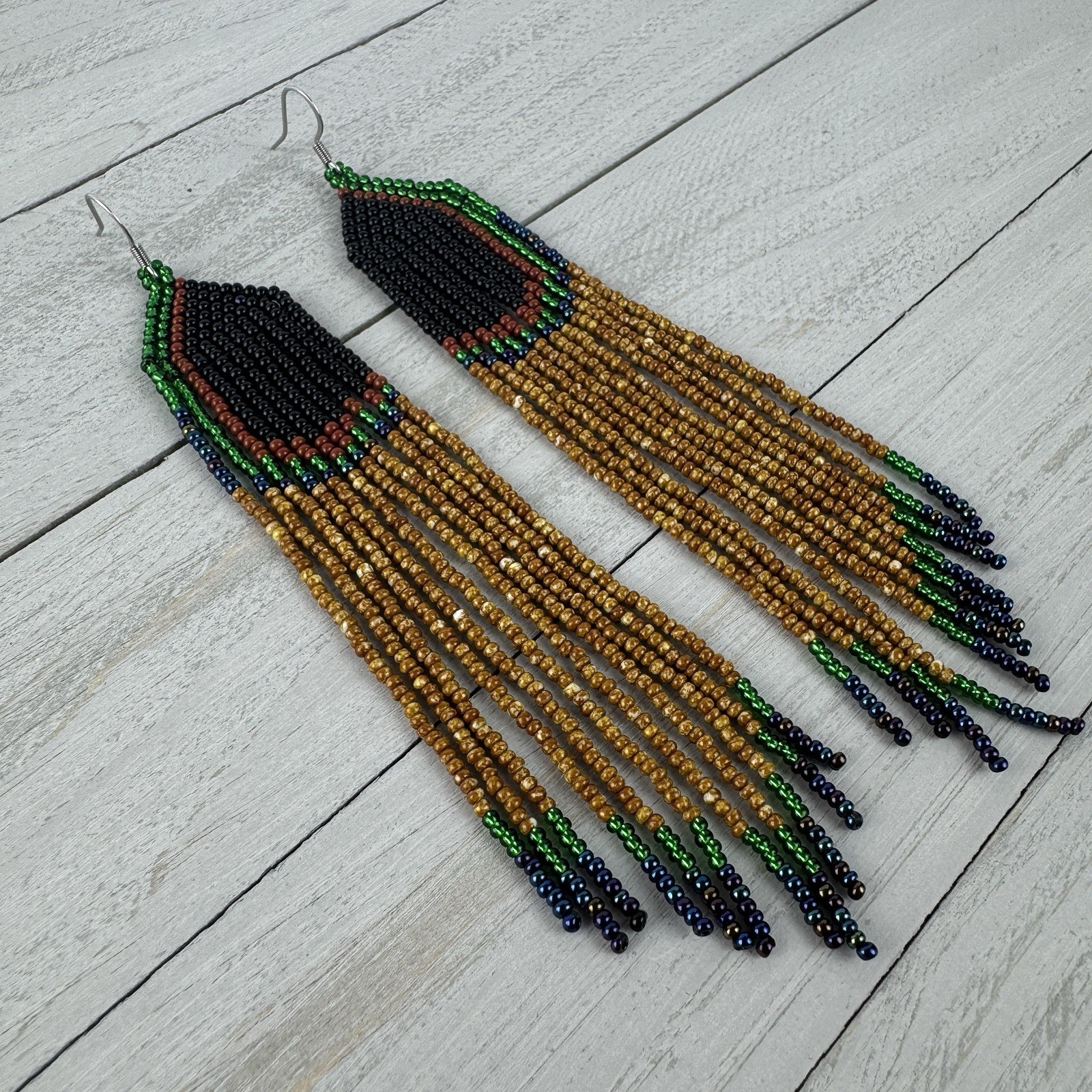 Handmade Beaded Long Dangle Earrings Black Brown Green & Blue Geo Design Peacock