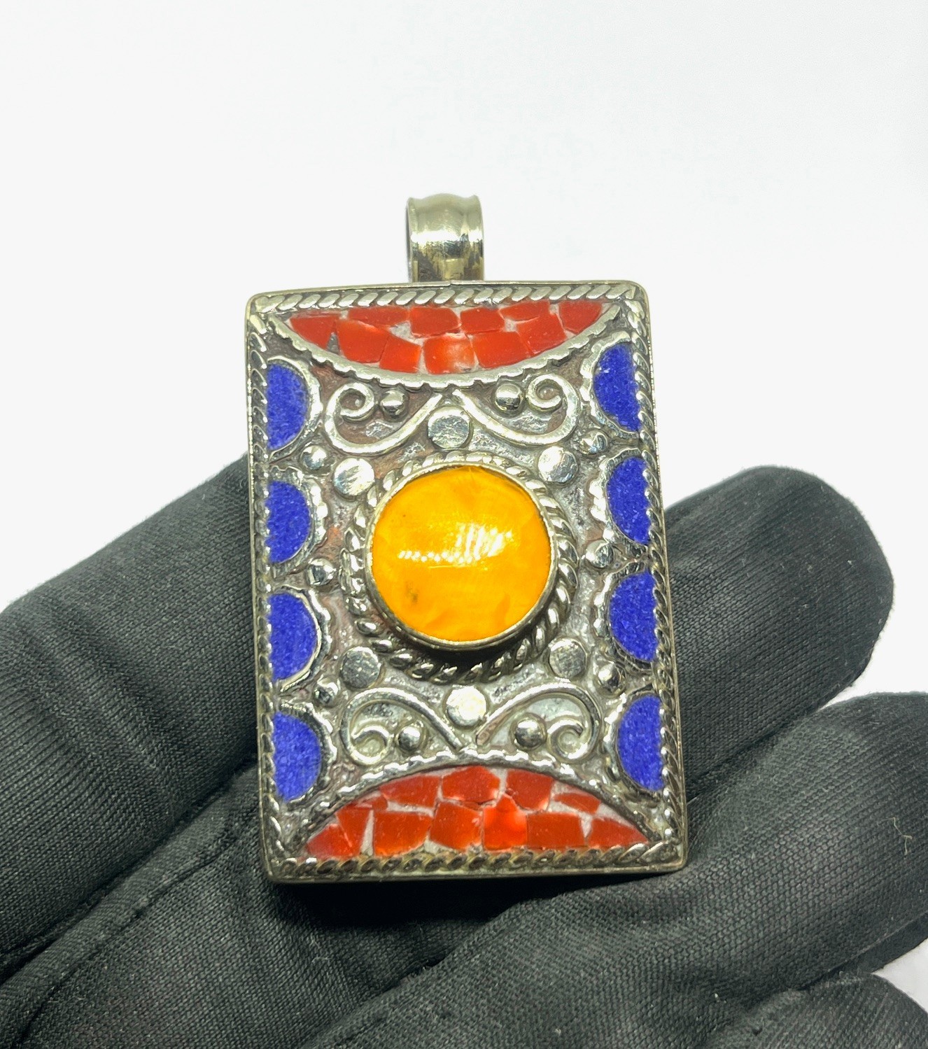 Ethnic Lapis Amber Gemstone Tibetan Traditional Pendant Jewelry, 2.0 inch