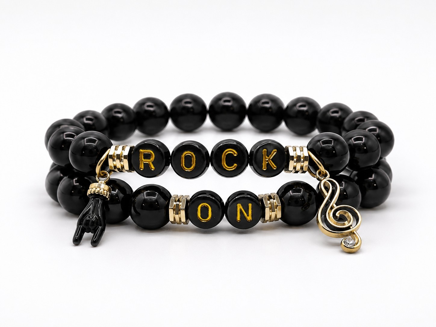 Black Beaded Stretch Bracelet Set Gold Tone ROCK ON Music Note Dangle Charm