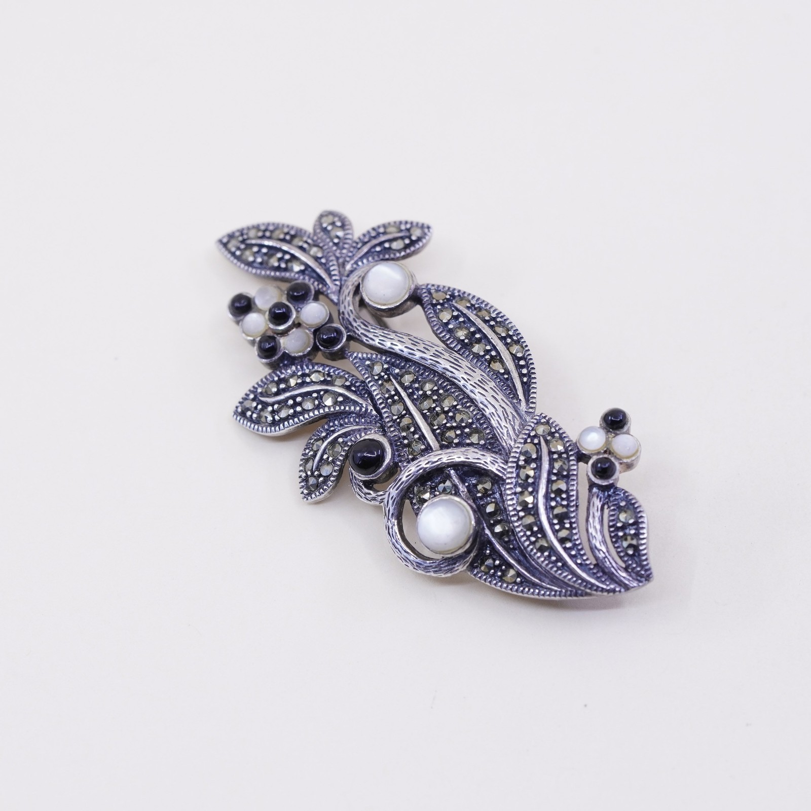 Sterling 925 silver handmade brooch with obsidian mother of pearl and marcasite