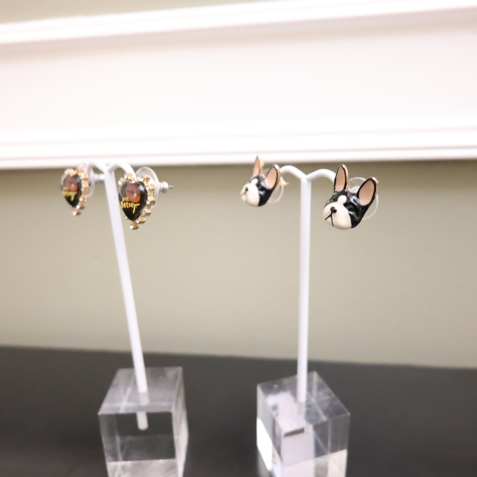 Betsey Johnson jewelry lot 1 pair XOX Lucite hearts 1 pair Boston terrier studs