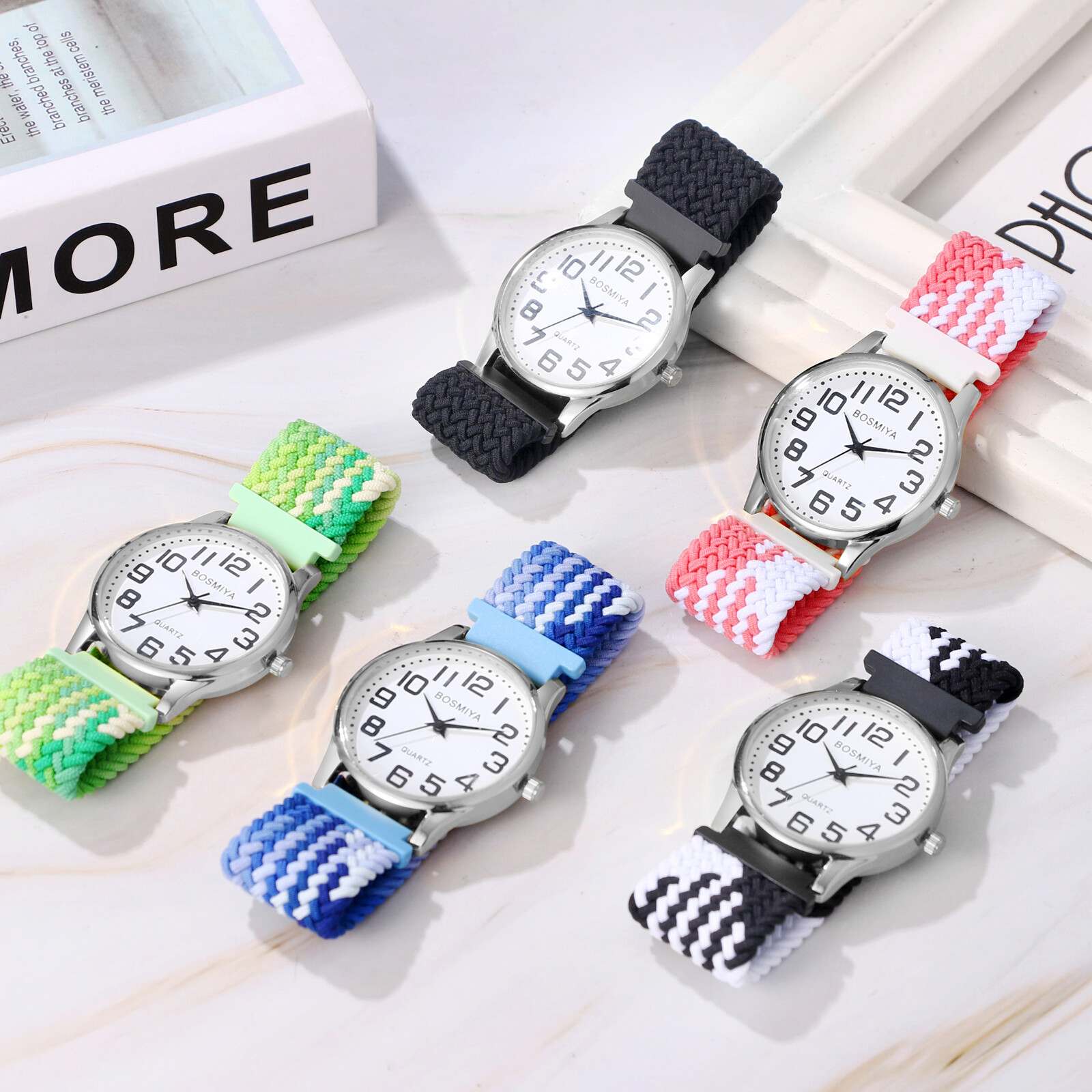 Elderly Woven Elastic Strap Quartz Wrist Watch Arabic Numeral Dial Easy Reader