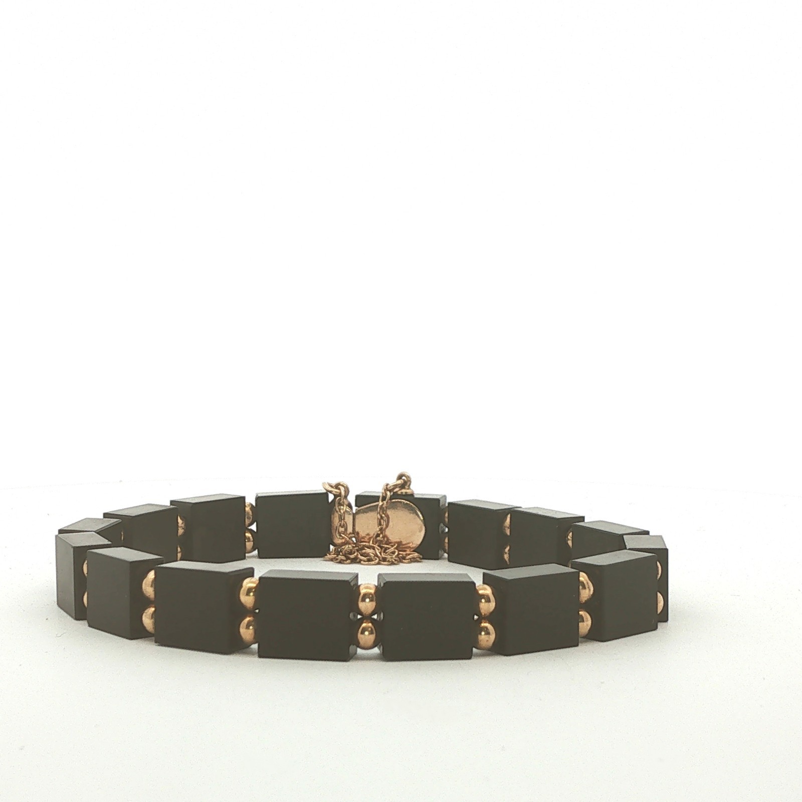 Onyx Block and 14k Gold Bead Bracelet With Safety Chain 6.5″