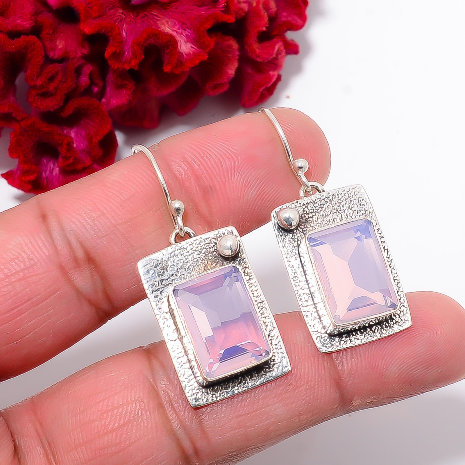 Milky Pink Opal Gemstone 925 Sterling Silver Handmade Earring 1.64″ E102758