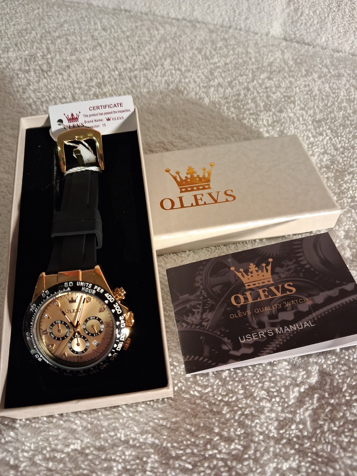OLEVS Men’s Chronograph Watch Big Face Gold-Tone Black Silicone Band New Box