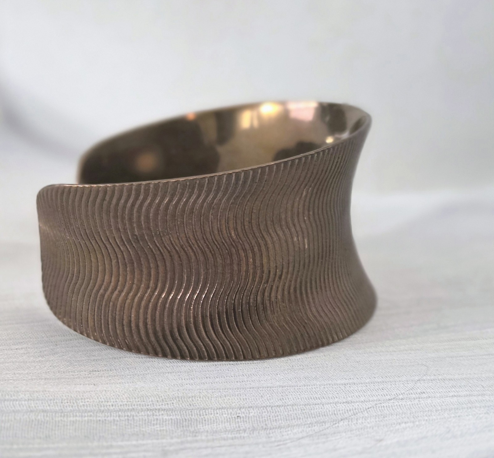 Vintage Wide Band Convex Cuff Bracelet Ribbed Copper Artisan Metal Handmade