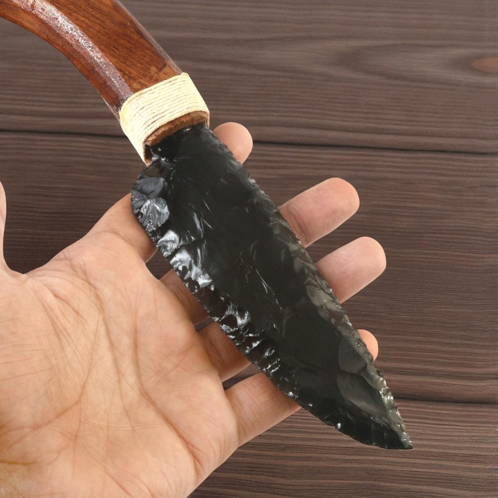 10″ Black Obsidian Glass Knife – Handmade Crystal Blade with Wooden Handle
