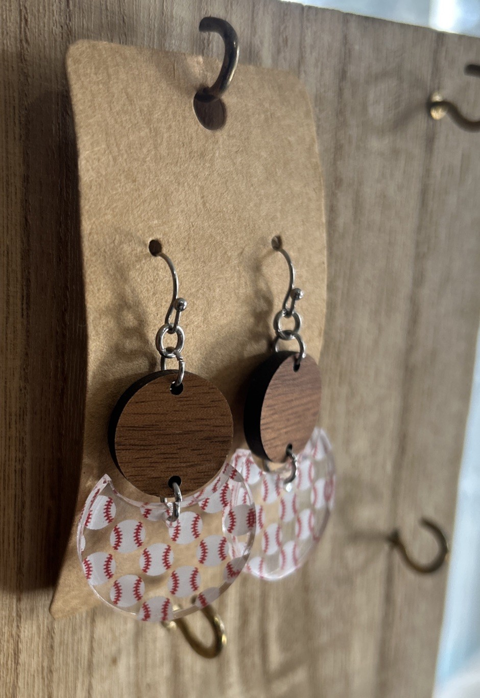 Sports Baseball Earrings Handmade Wood Acrylic Drop Dangle Jewelry Gift