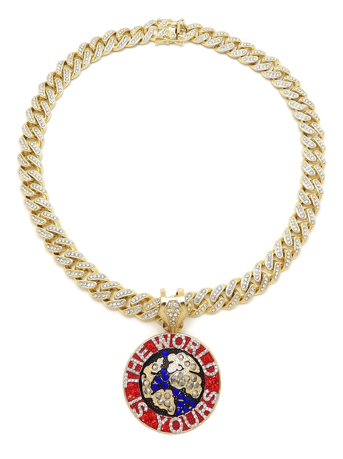 Hip Hop THE WORLD IS YOURS Pendant & 18″ Iced Box Lock Cuban Choker Bling Chain