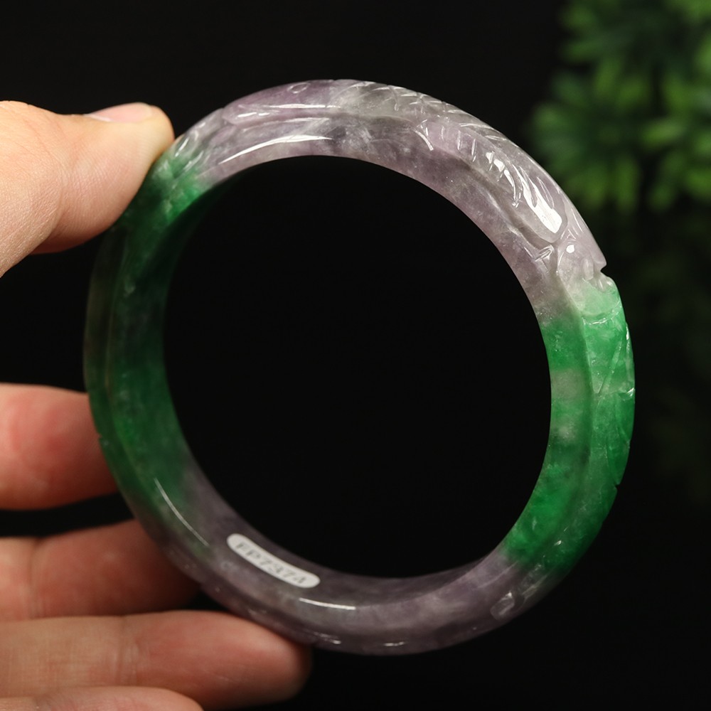 64mm Lavender Purple Green Jadeite Jade Bangle Bracelet Bat Ruyi Fish A-14801