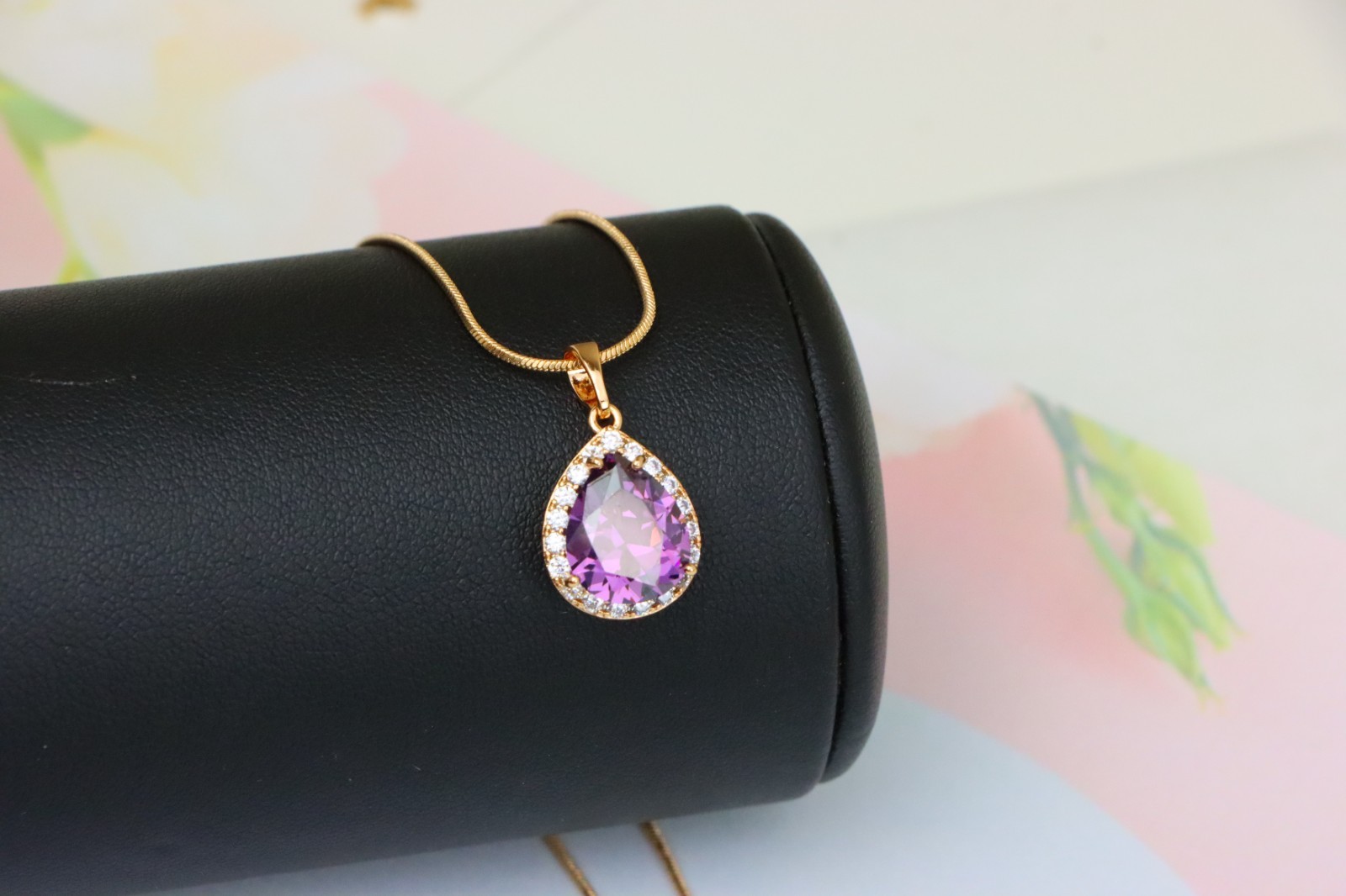 with Crystal Halo in Elegant Rose Gold Finish, XPPT1615 Teardrop Purple Pendant