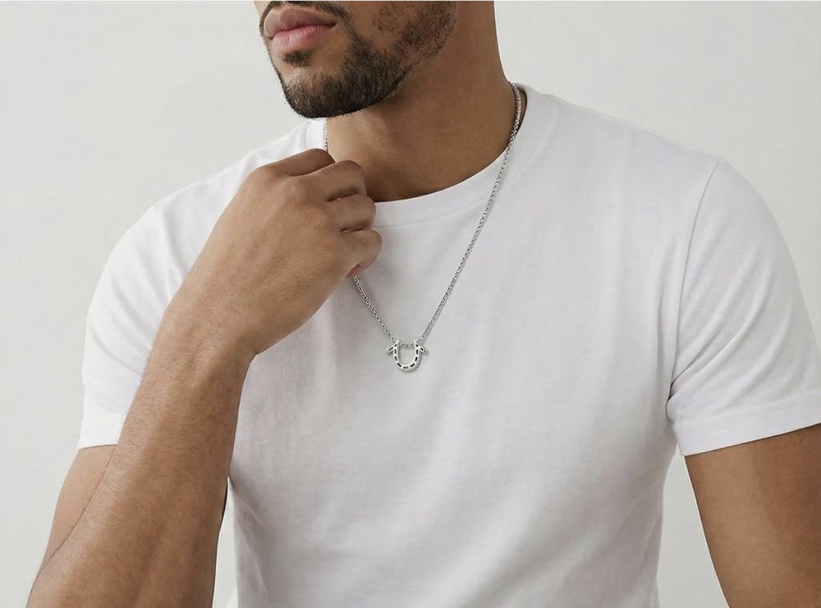 True Religion Horseshoe Pendant 22 Inch Long Rolo Chain Necklace for Men