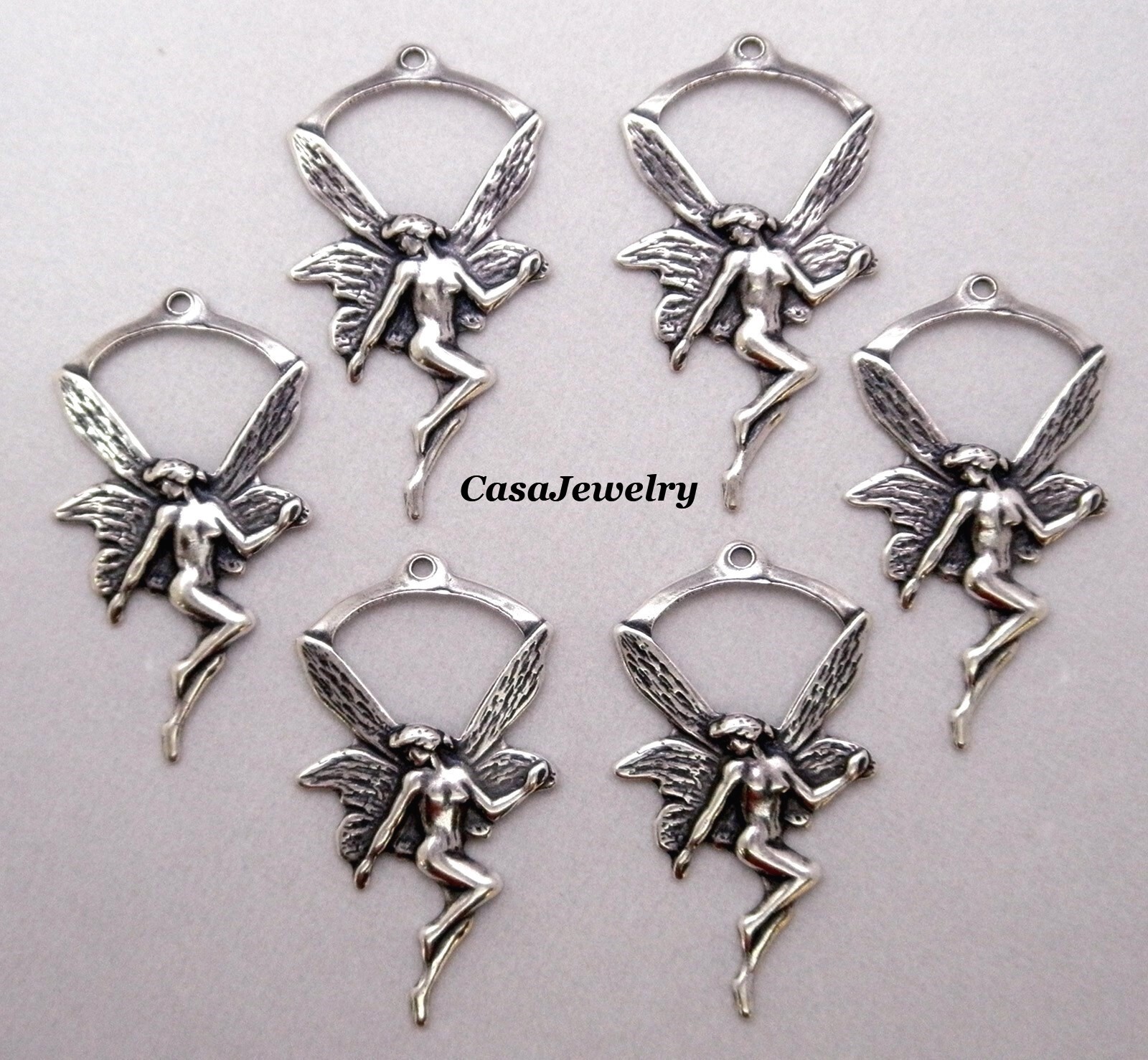 #0449 ANTIQUED STERLING SILVER PLATED PIXIE/NYMPH W/TOP HANG RING – 6 Pc Lot