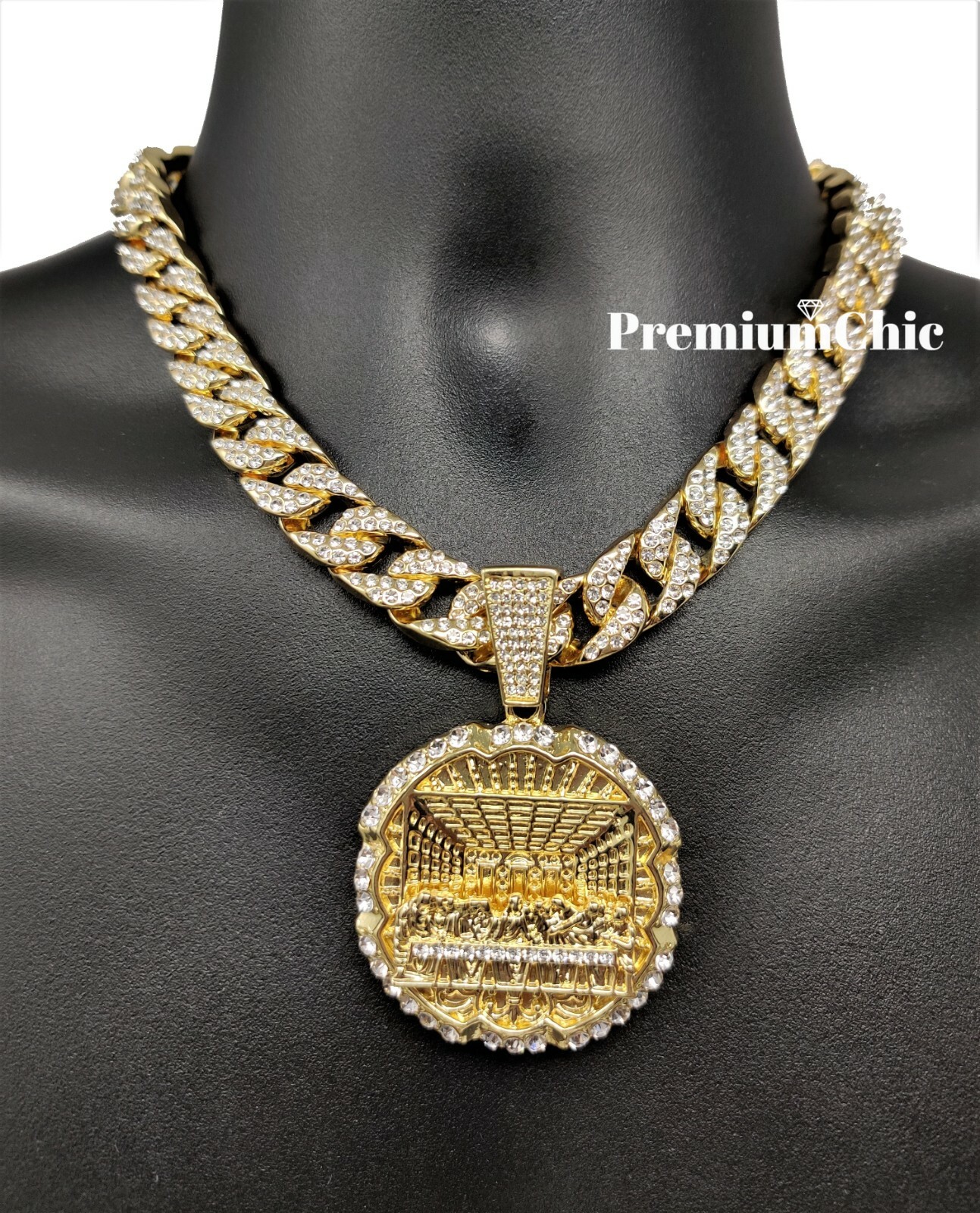 XL Last Supper Pendant Iced Cuban/Rope Necklace Chain Men Gold Plated CZ Jewelry